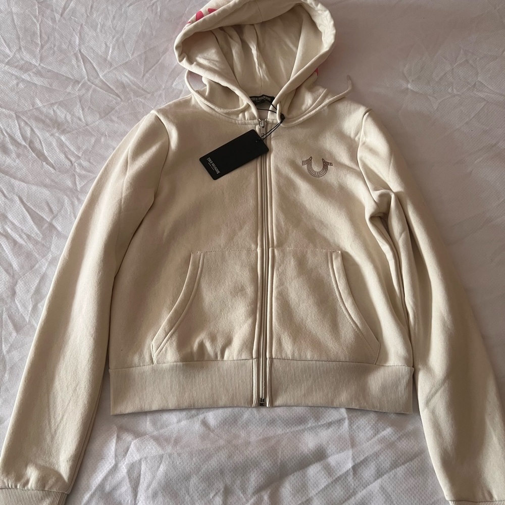 True Religion Off-White Hoodie with Pink Accents